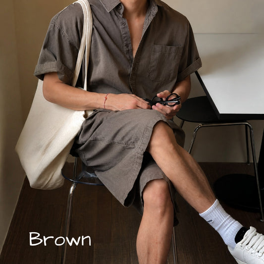 Vintage Washed Cotton Short Sleeve Pocket Shirt - Men One Size