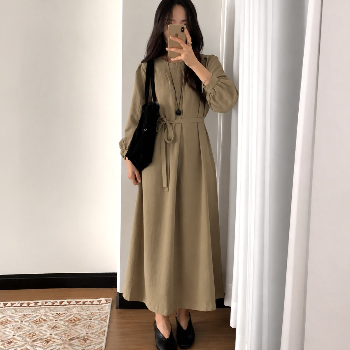 Pintuck Drape Belted Midi Dress - Women One Size