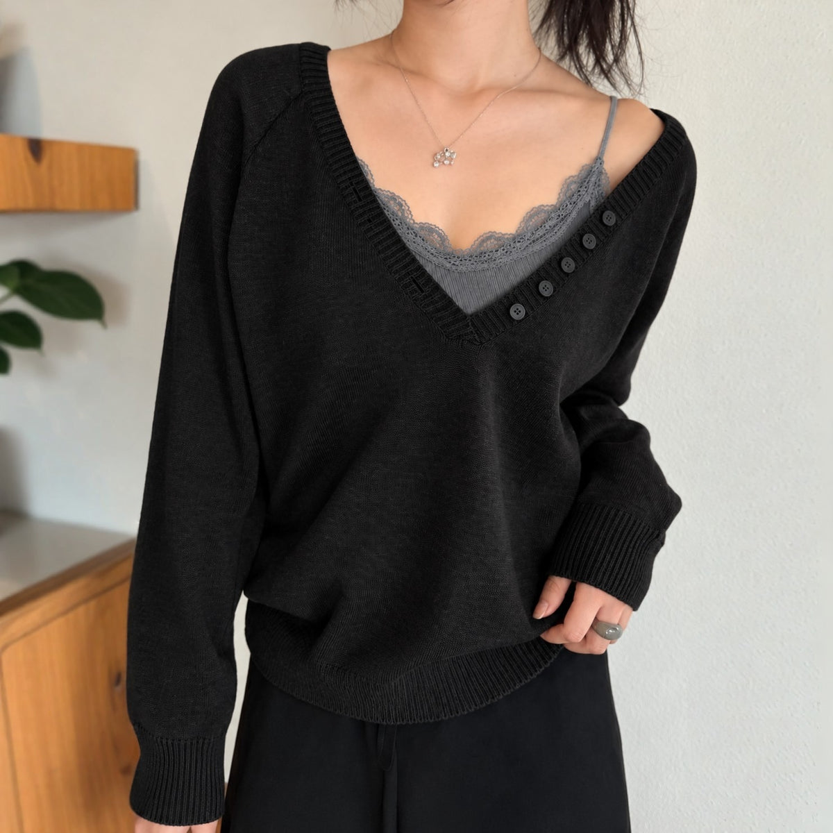 Relaxed Deep V-Neck Button Detail Knit Sweater - Women One Size