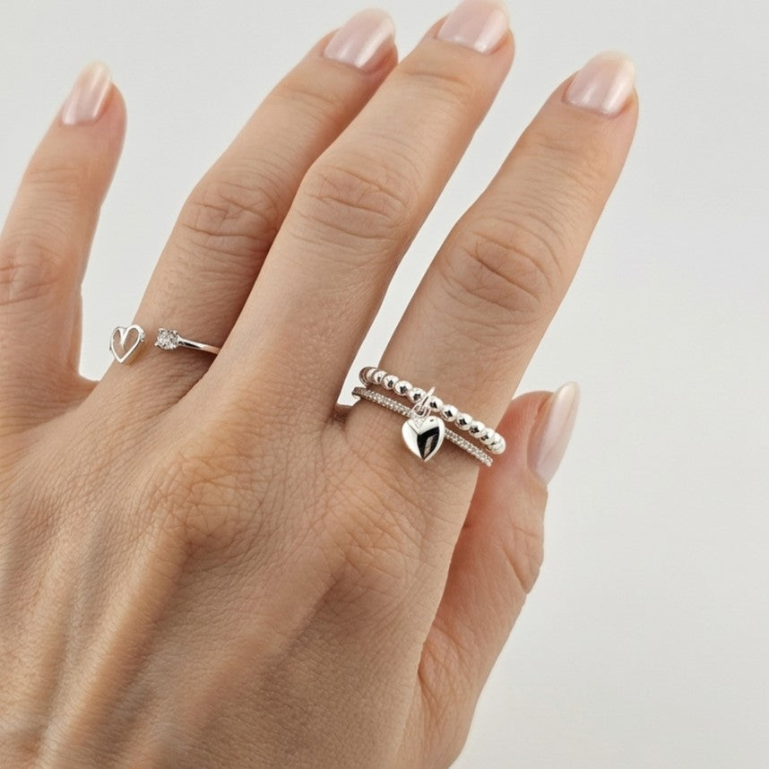 Sterling Silver Beaded Heart Charm Ring