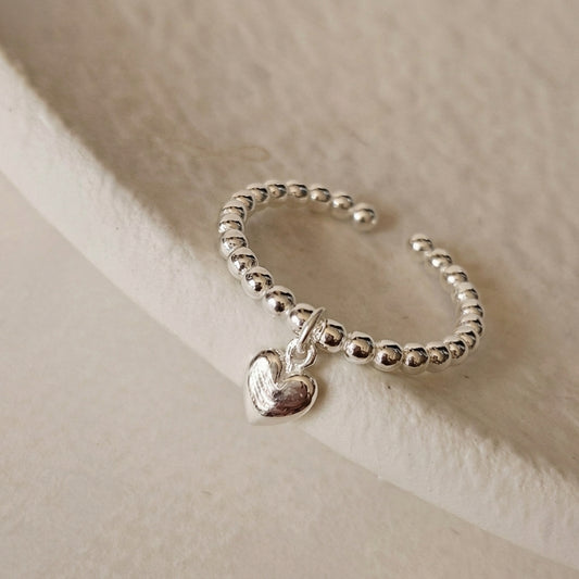 Sterling Silver Beaded Heart Charm Ring