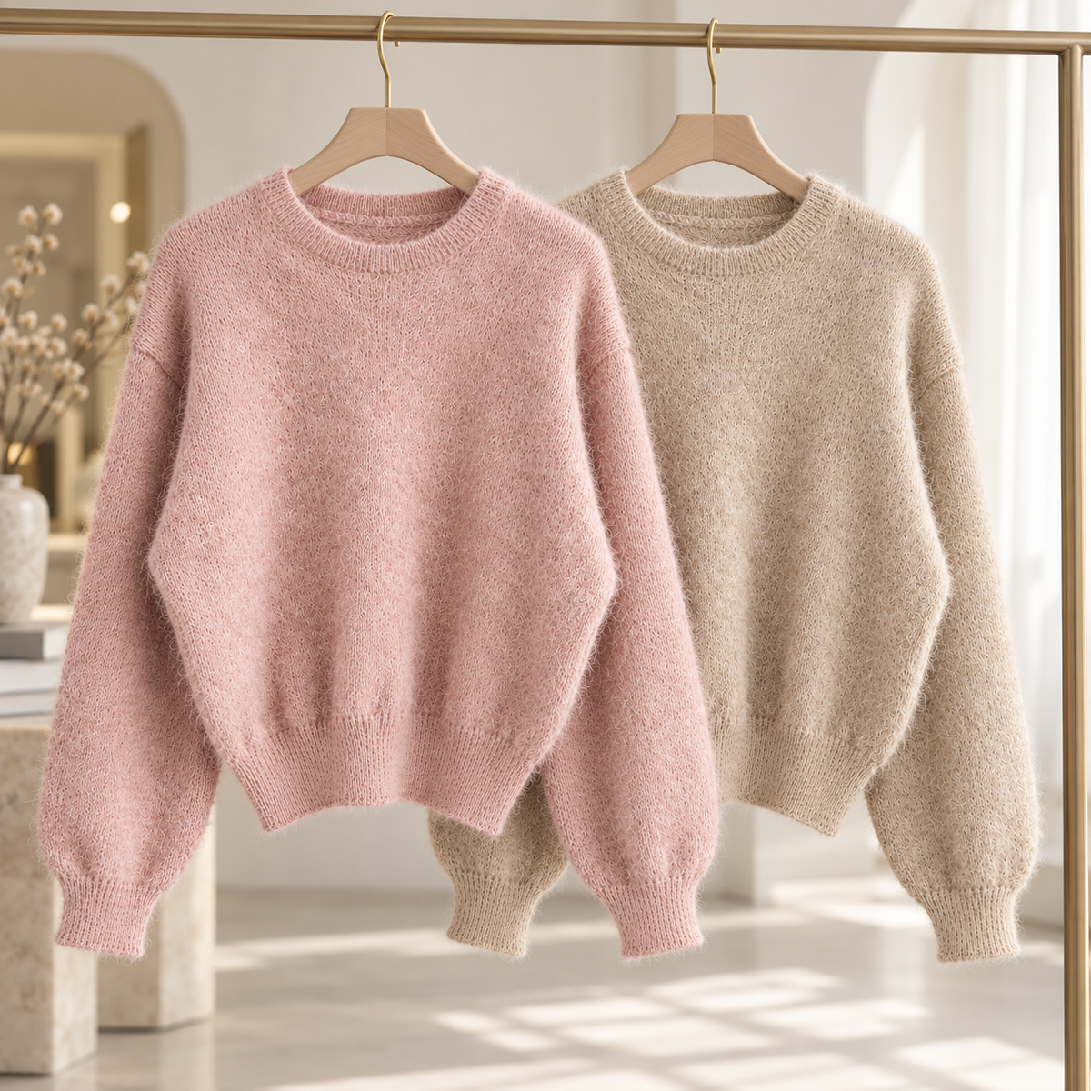 Soft Fuzzy Knit Pullover – Pink, Beige Women One Size