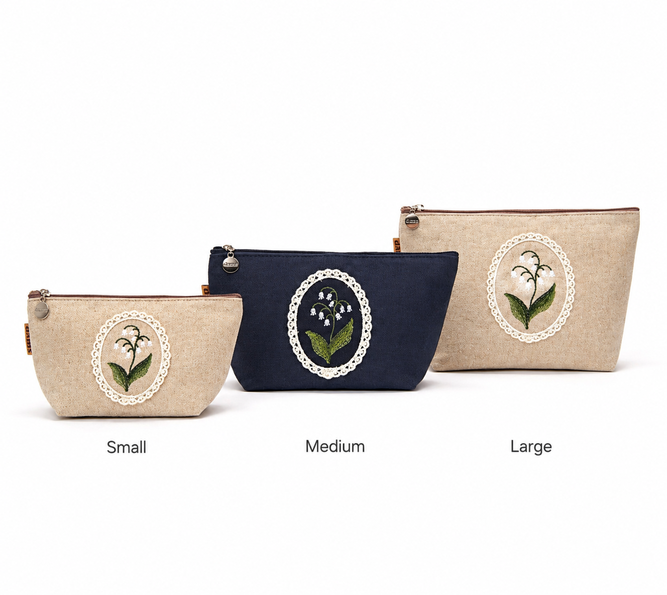 Lily Embroidery Pouch – Linen Blend Zipper Bag (Medium & Large) Made in Korea