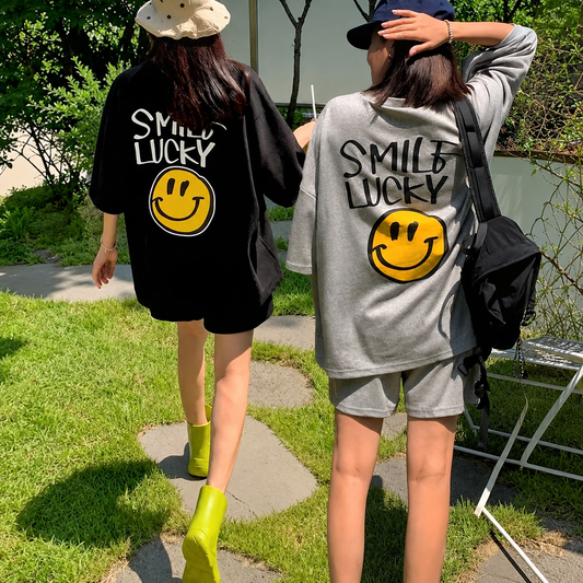 Smile Lucky Cotton Matching Setwear - Oversized Graphic Tee & Shorts - Women One Size