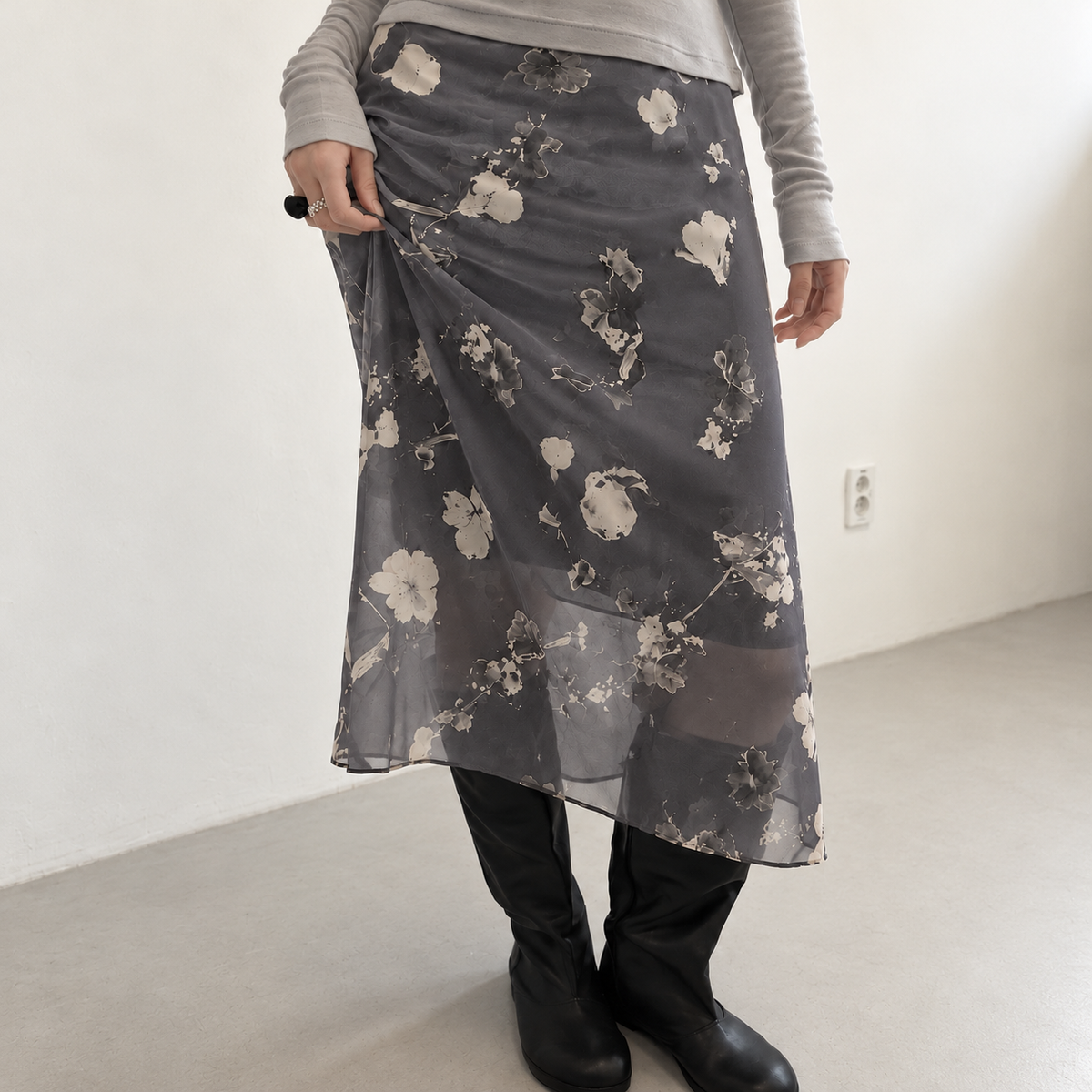 Floral Print Chiffon Midi Skirt - Women One Size
