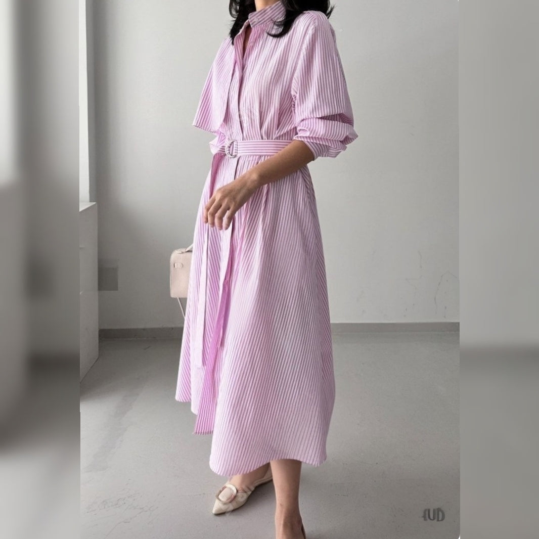 Striped Belted Shirt Dress - Women One Size
