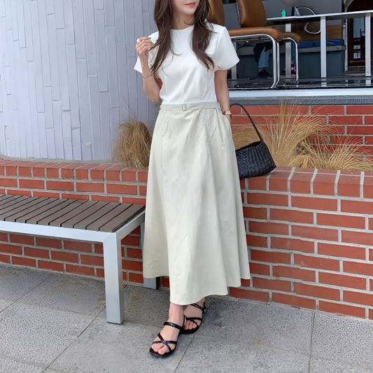 Contrast Fabric Belted A-Line Midi Dress - Women One Size