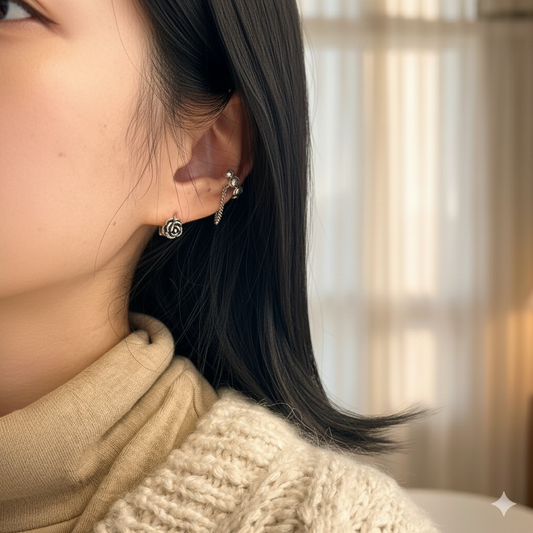 Beaded Chain Silver Ear Cuff (Single)