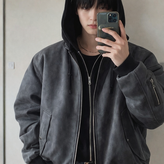 Attached-Layer Hooded Padded Jacket - Charcoal Suede (Unisex)