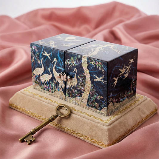 JAGAE (Korean Mother of Pearl) Jewelry Box – Teal Crane & Floral Inlay