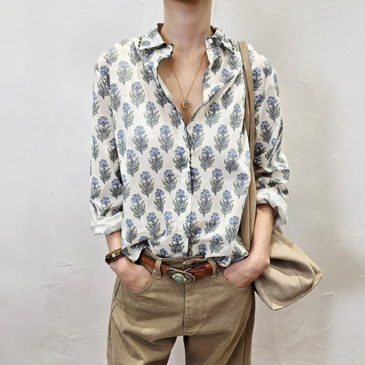 Vintage Floral Print Cotton Blouse Shirt with Crochet Trim Detail - Women One Size