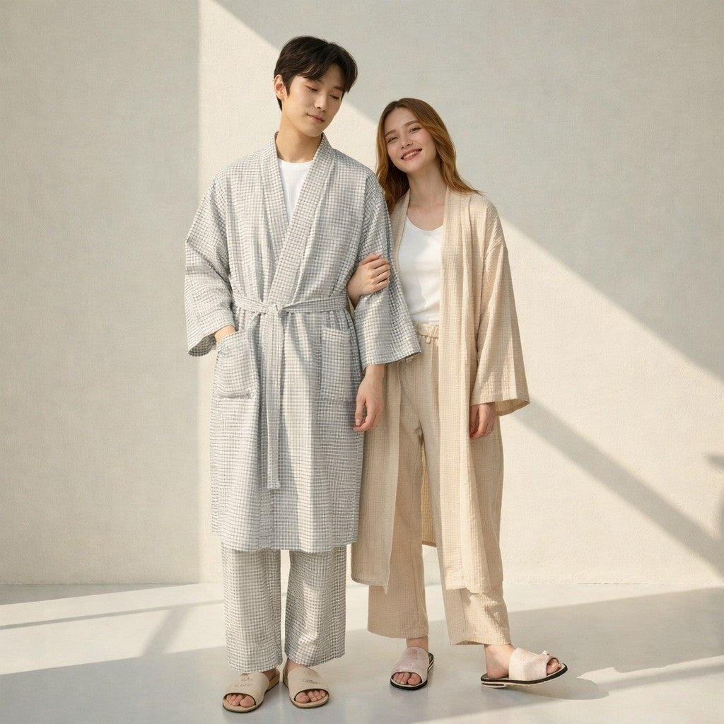 Serenity Check Gauze Robe & Pants Loungewear Set – Navy Check