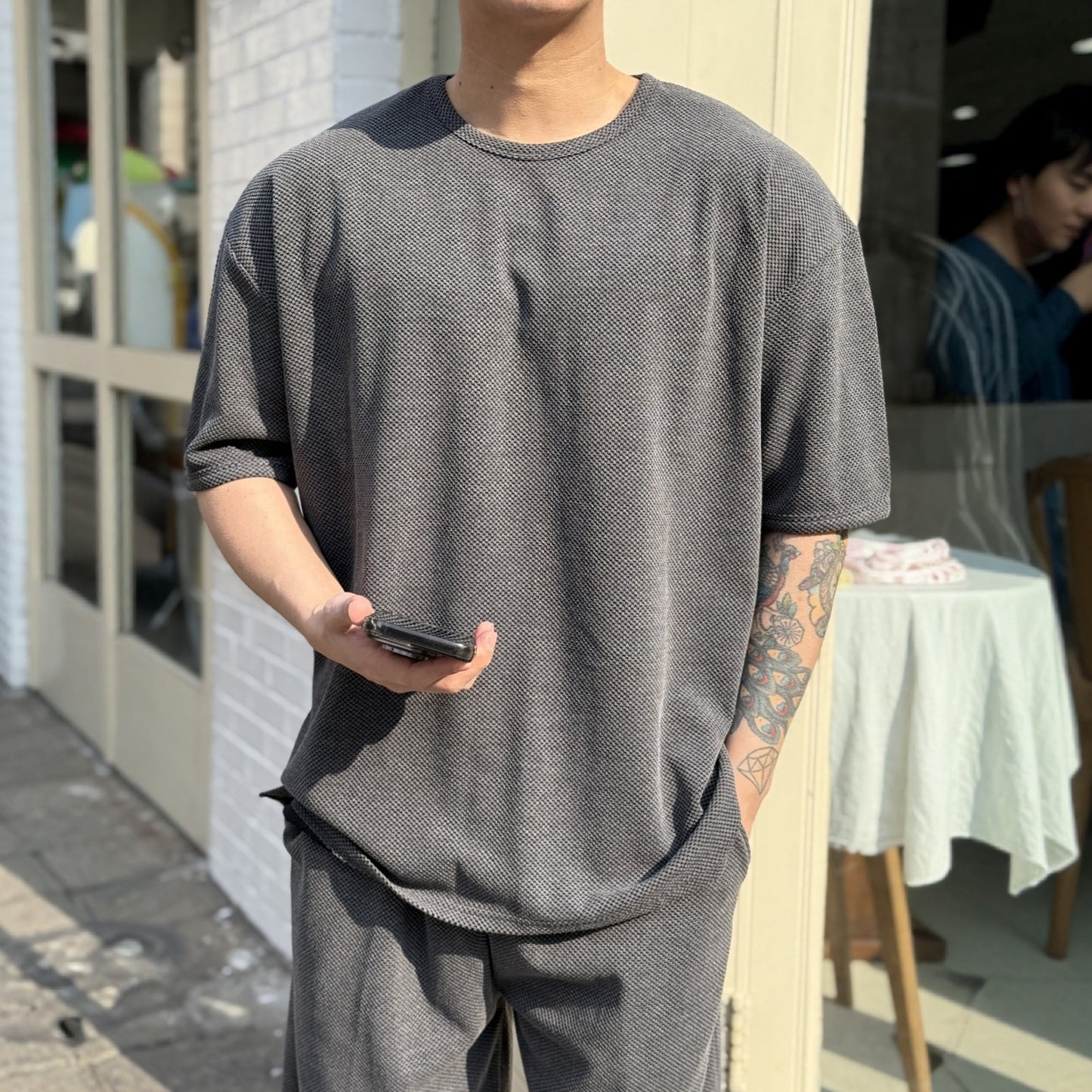 Amber Textured Relaxed Fit Short Sleeve Top - Men One Size