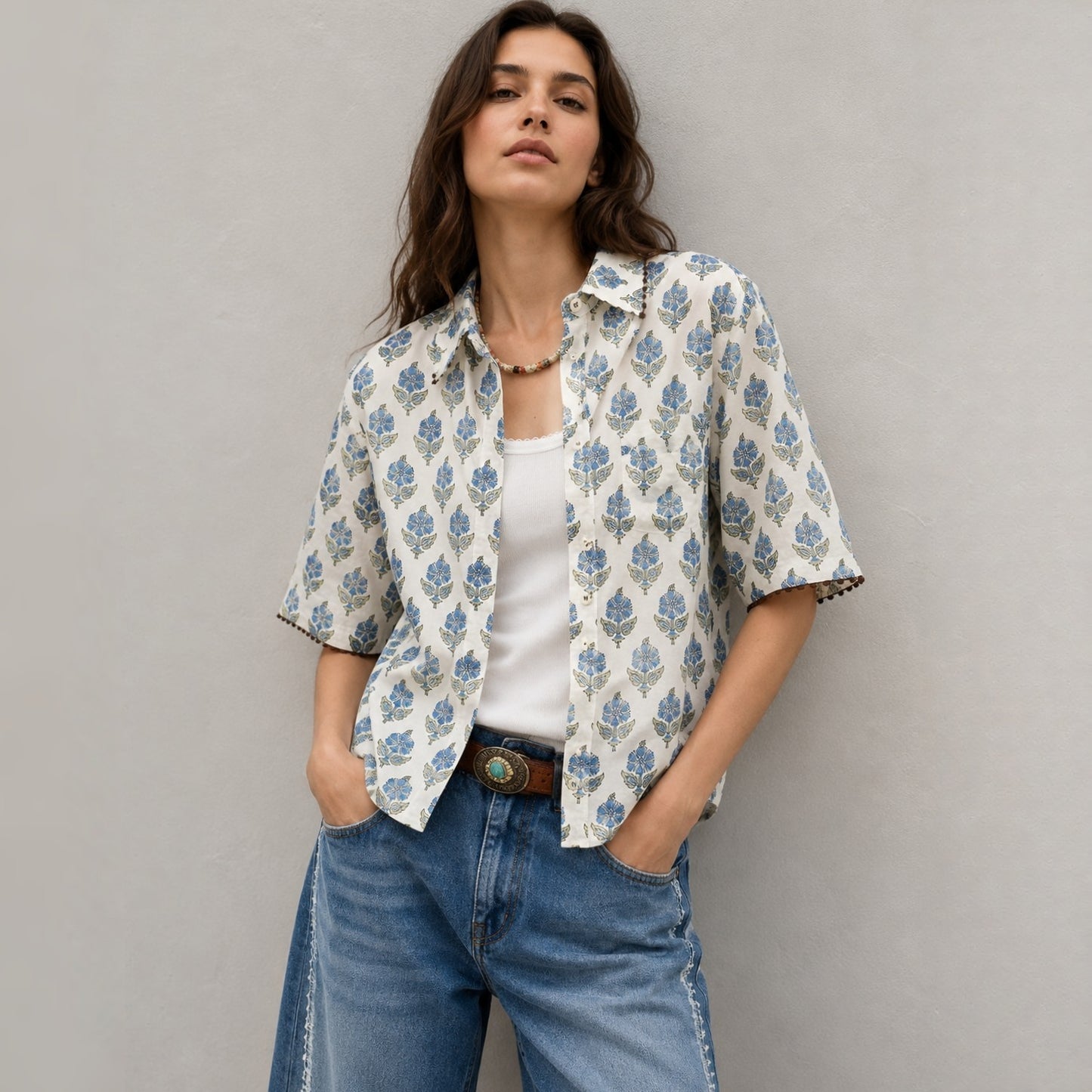 Boho Block Print Cotton Shirt - Women One Size