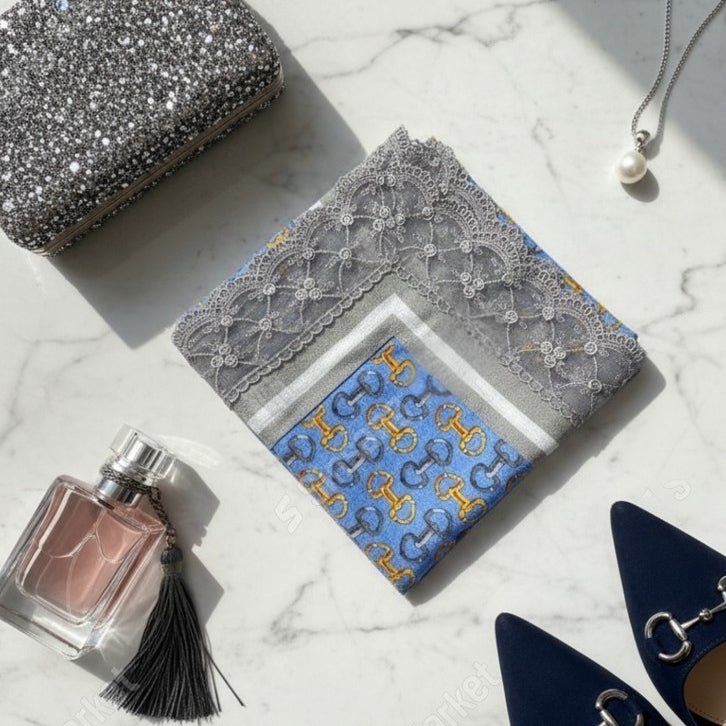 Vintage Chain Etiquette Handkerchief Apron - Ivory , Dusty Blue