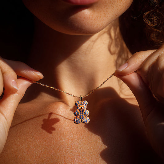 Sparkle Bear Necklace in Rose Gold Coated Silver with Grey-Blue Cubics