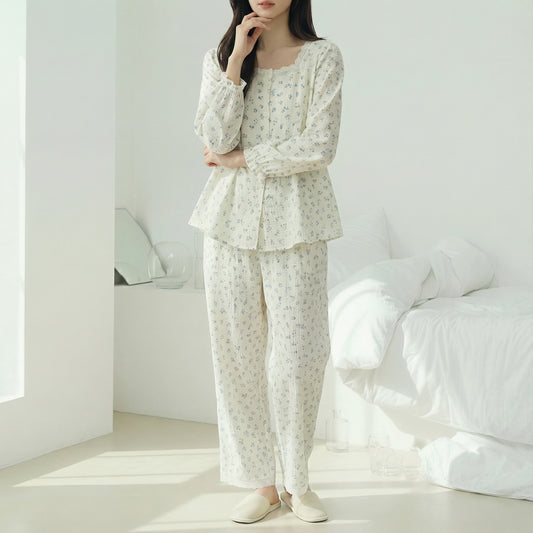 Floral Lace Gauze Loungewear Pajama Set – Women’s One Size
