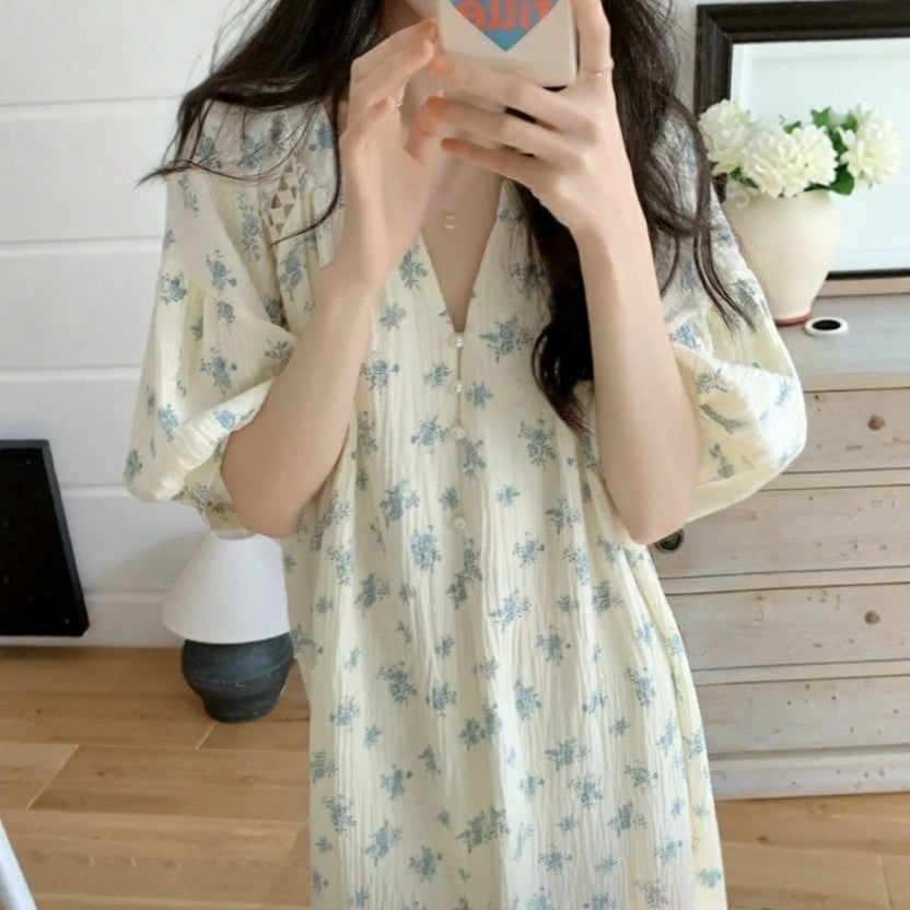 Soft Floral Gauze Cotton Nightdress – Pearl Button & Lace Trim