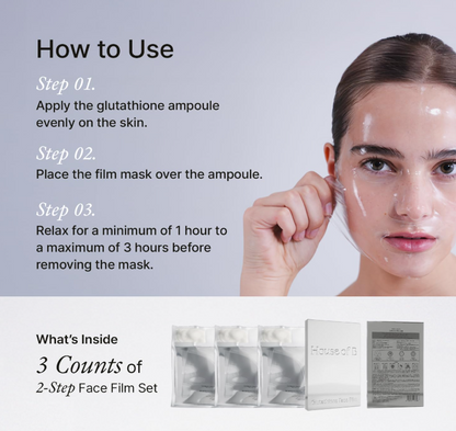House of B Glow Glutathione 2-Step Face Film Mask Set (5 Sheets) – Skin Tone Enhancement & Wrinkle Care Korean Mask