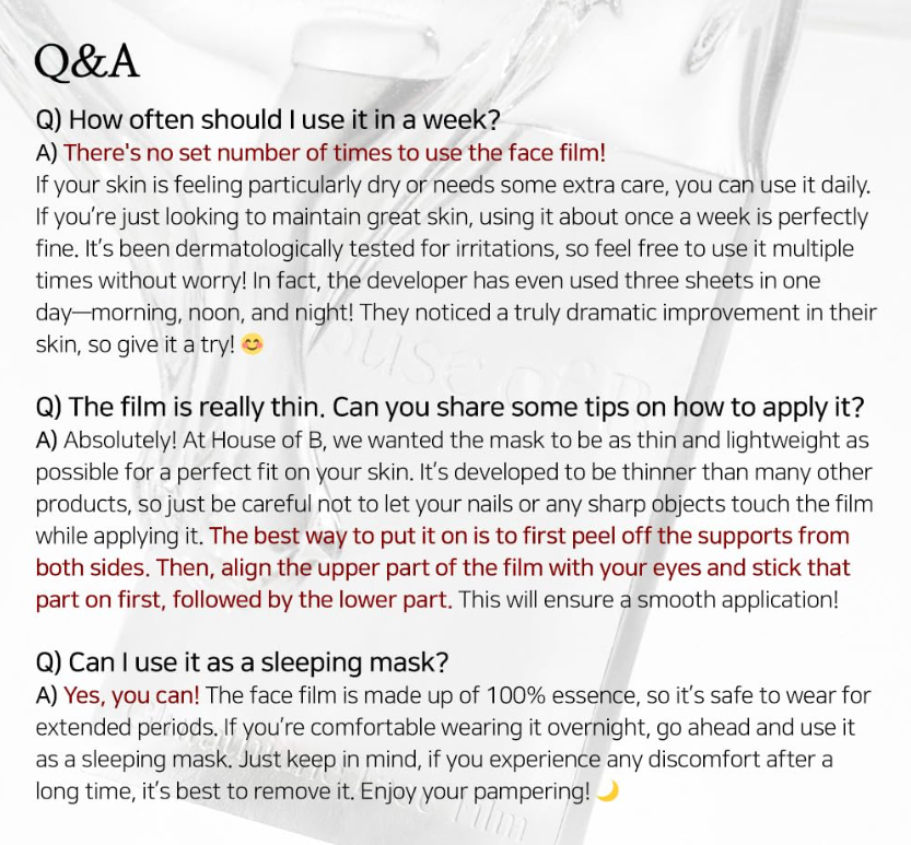 House of B Glow Glutathione 2-Step Face Film Mask Set (5 Sheets) – Skin Tone Enhancement & Wrinkle Care Korean Mask