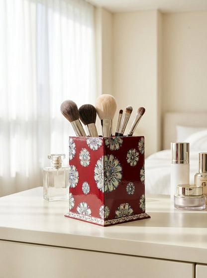 Jagae Mother-of-Pearl Floral Pen & Brush Holder – Burgundy