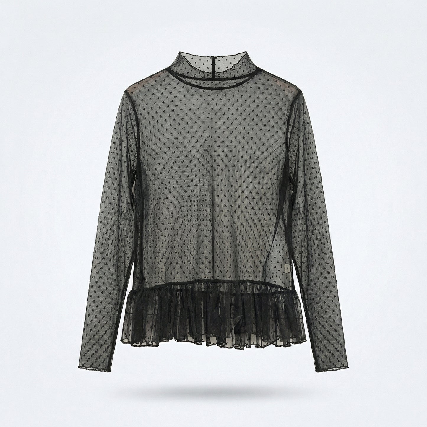 Sheer Polka Dot Ruffle Blouse – Black & White Mesh Layering Top – Women One Size