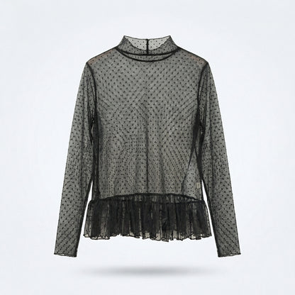 Sheer Polka Dot Ruffle Blouse – Black & White Mesh Layering Top – Women One Size