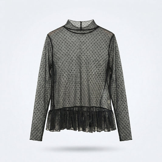 Sheer Polka Dot Ruffle Blouse – Black & White Mesh Layering Top – Women One Size