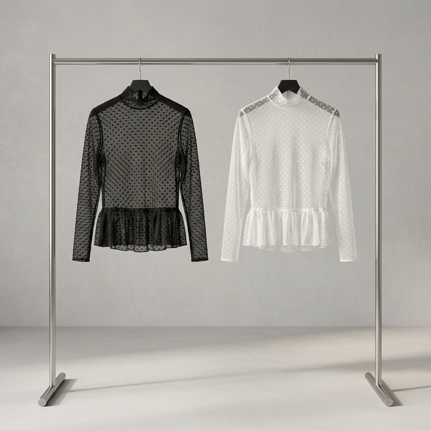 Sheer Polka Dot Ruffle Blouse – Black & White Mesh Layering Top – Women One Size