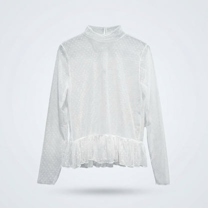 Sheer Polka Dot Ruffle Blouse – Black & White Mesh Layering Top – Women One Size