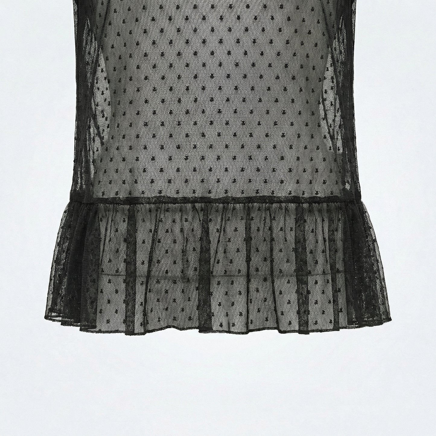 Sheer Polka Dot Ruffle Blouse – Black & White Mesh Layering Top – Women One Size