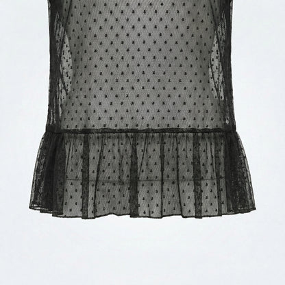 Sheer Polka Dot Ruffle Blouse – Black & White Mesh Layering Top – Women One Size
