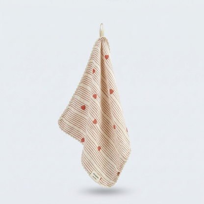 Ivory Red Heart Stripe Cotton Gauze Handkerchief