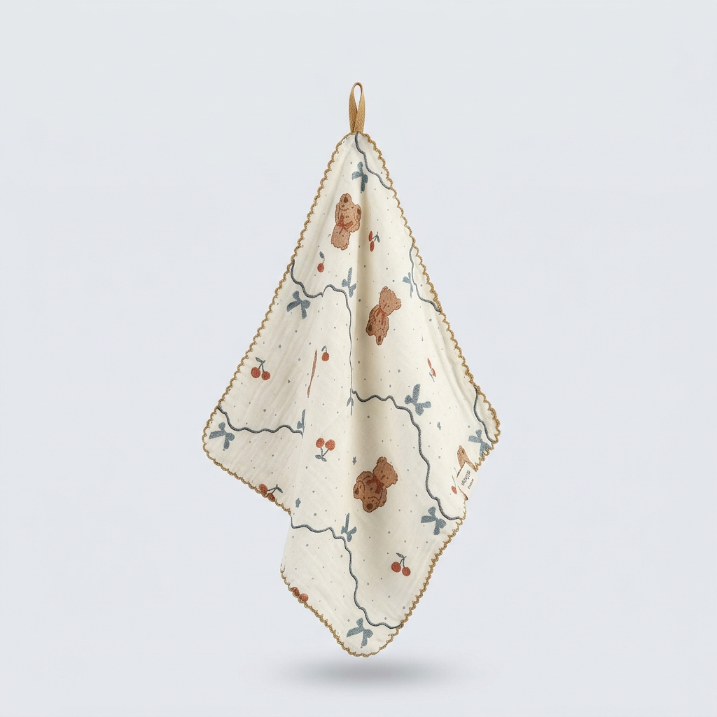 Teddy Ribbon Cherry Gauze Handkerchief