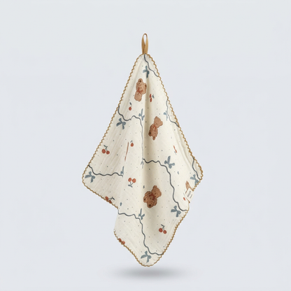 Teddy Ribbon Cherry Gauze Handkerchief
