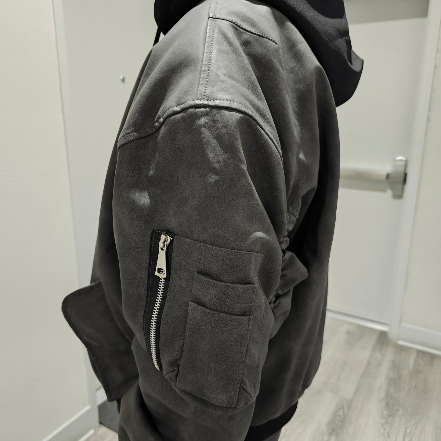 Attached-Layer Hooded Padded Jacket - Charcoal Suede  (Unisex)