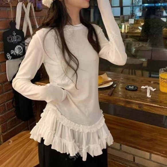 Berry Cancan Frill Hem Long Sleeve Top - Women One Size