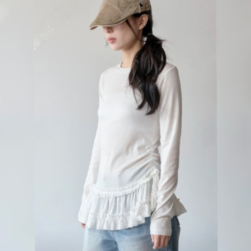 Berry Cancan Frill Hem Long Sleeve Top - Women One Size