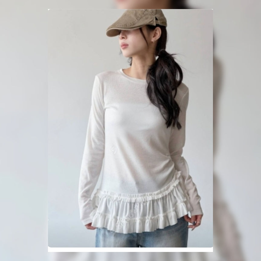 Berry Cancan Frill Hem Long Sleeve Top - Women One Size