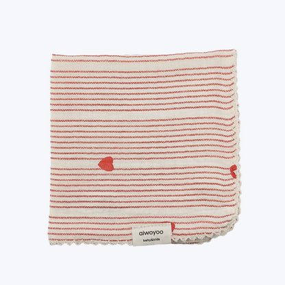 Ivory Red Heart Stripe Cotton Gauze Handkerchief