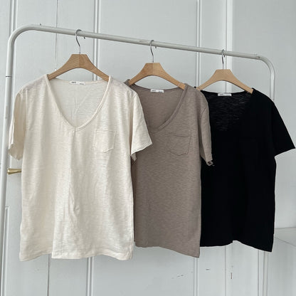 Vintage Slub Cotton Pocket V-neck Tee – Women One Size