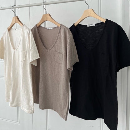 Vintage Slub Cotton Pocket V-neck Tee – Women One Size