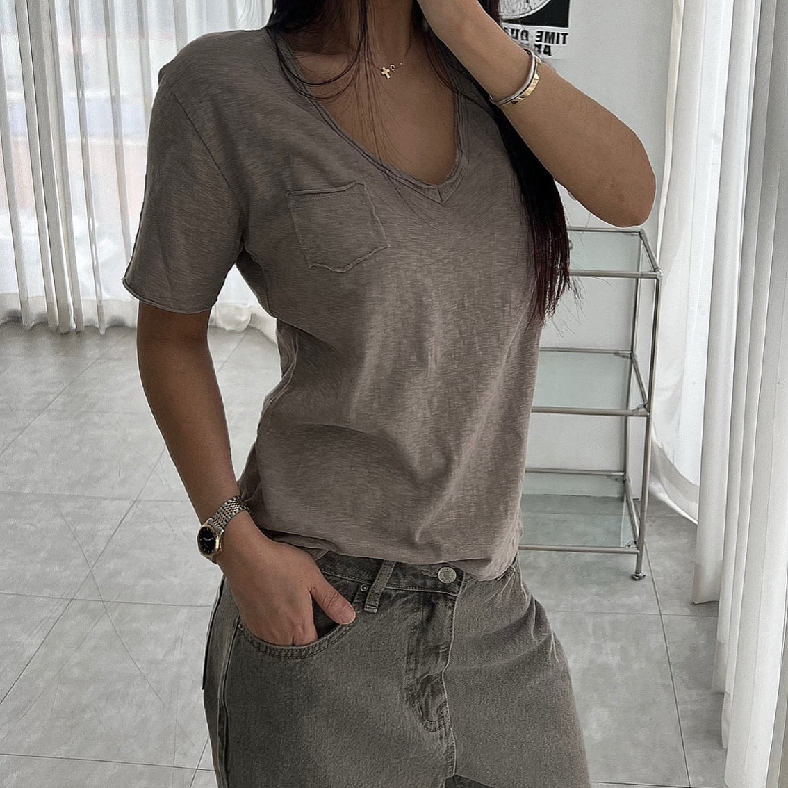Vintage Slub Cotton Pocket V-neck Tee – Women One Size
