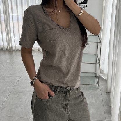 Vintage Slub Cotton Pocket V-neck Tee – Women One Size