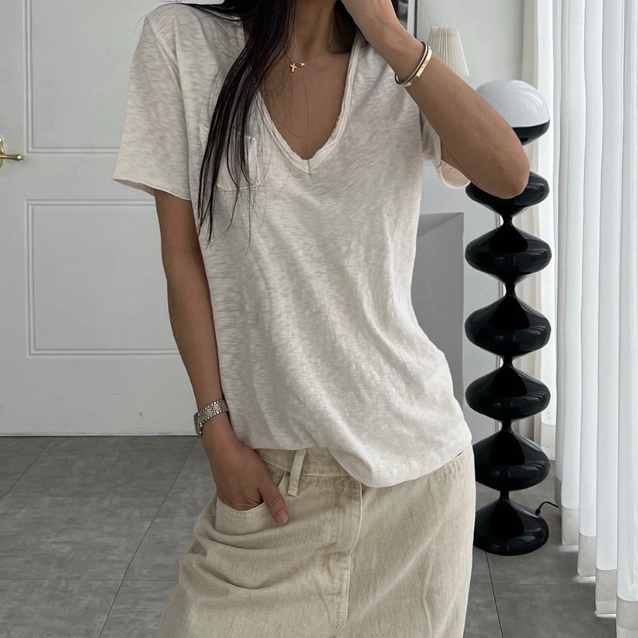 Vintage Slub Cotton Pocket V-neck Tee – Women One Size