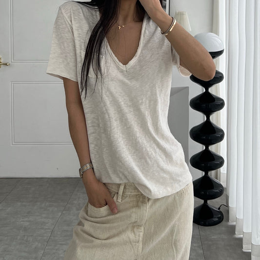 Vintage Slub Cotton Pocket V-neck Tee – Women One Size