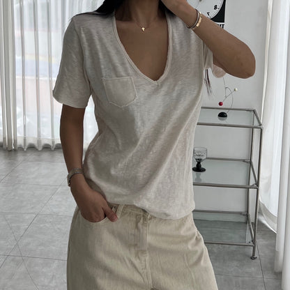 Vintage Slub Cotton Pocket V-neck Tee – Women One Size