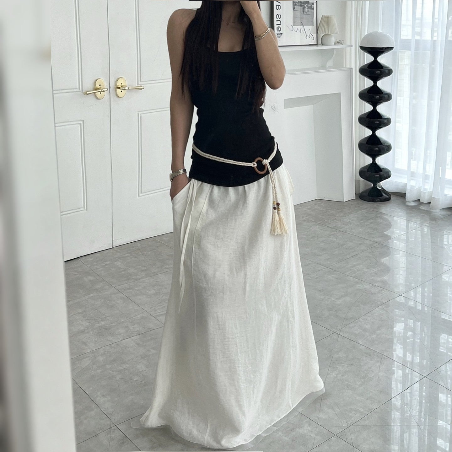 Linen Texture Tie-Waist Maxi Skirt – Women One Size