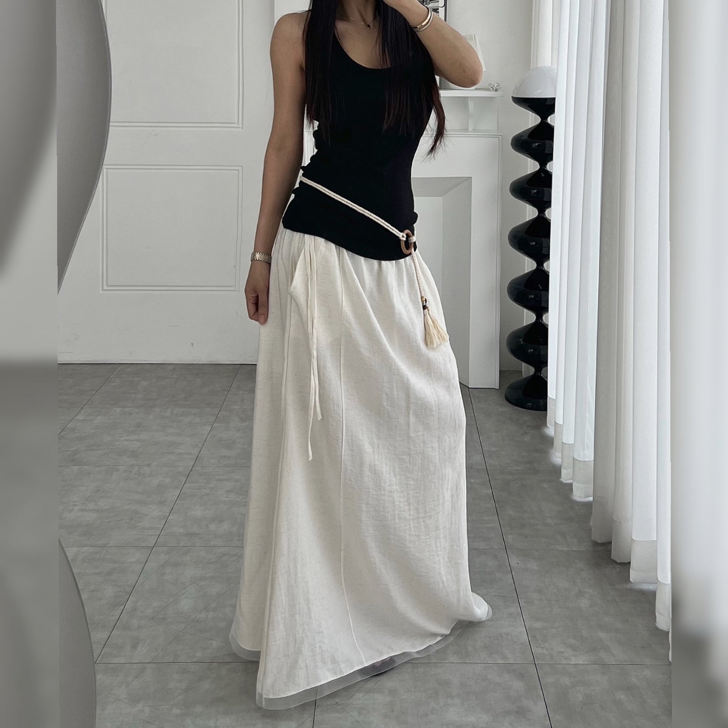 Linen Texture Tie-Waist Maxi Skirt – Women One Size