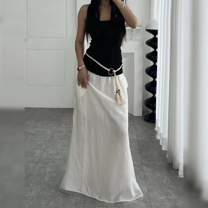 Linen Texture Tie-Waist Maxi Skirt – Women One Size